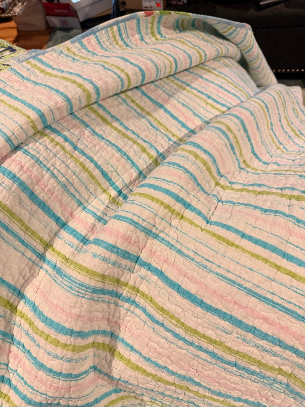 Reversible Floral & Stripe Quilt - Light Blue, Green, Pink - Picture 4 of 4